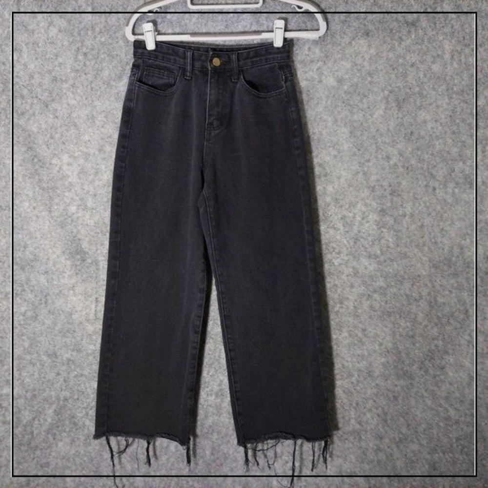 Princess Polly Women Jeans 25 Black Streetwear Hi Rise Wide Leg Raw Hem Cropped